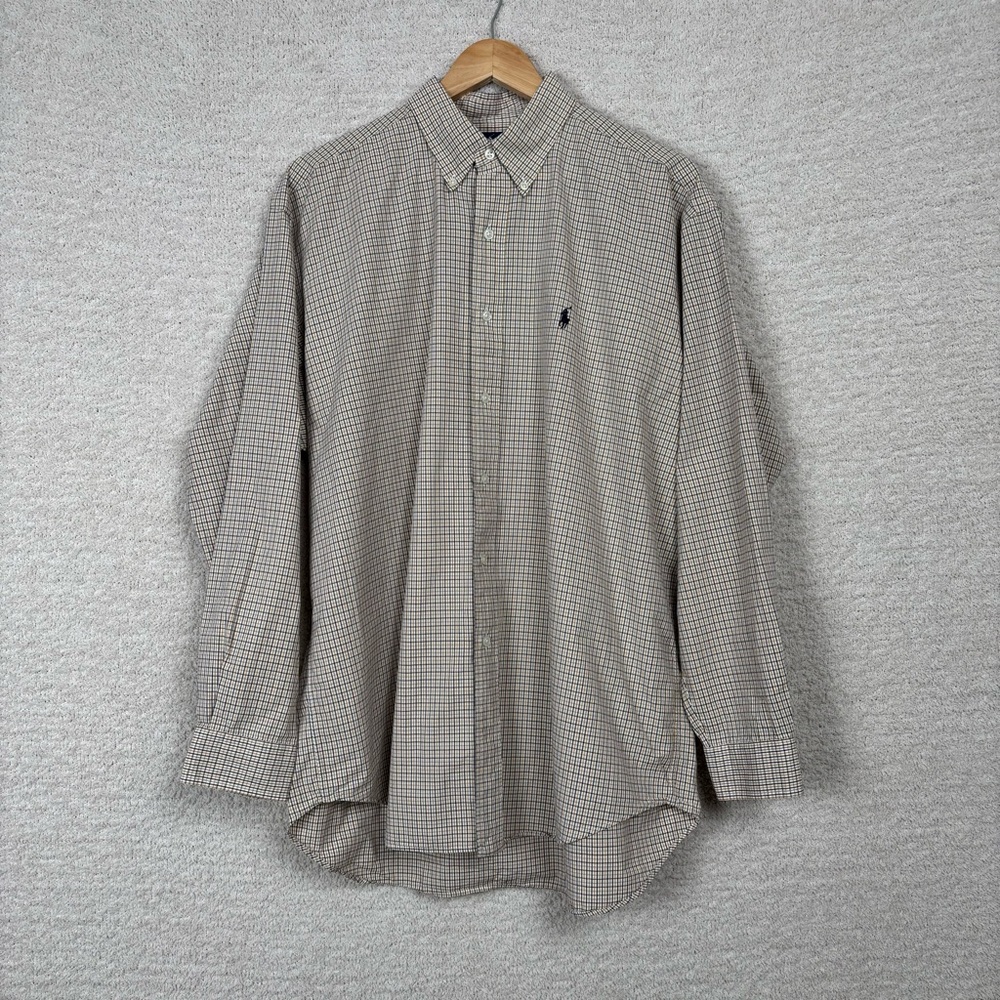 Ralph Lauren‎ Shirt Men L Yellow Blue Plaid Blake 100% Cotton Preppy Pony Button